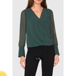 Halogen Polka Dot Faux Wrap Top V-Neck Sheer Sleeves Chiffon Green Size Medium